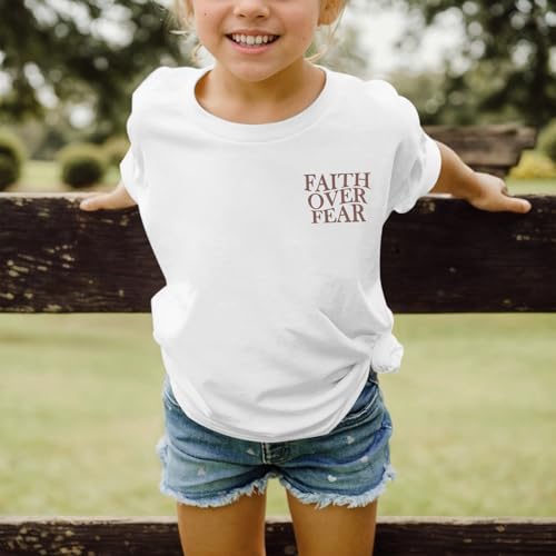 Image of Girls Faith Over Fear Christian Shirts for Kids Jesus God Bible Verse Religious Tshirt Cute Preppy Graphic Tees Tops
