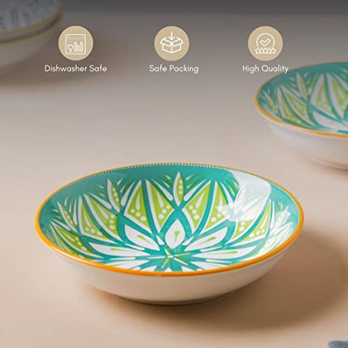 Image of Nestasia Ceramic Round Snack Plate Set of 4 (5.5 Inch Each) - Floral Dahi Bhalla Plate for Serving Chaat, Halwa, Chakna, & Desserts | Microwave & Dishwasher Safe Small Plate (Green)
