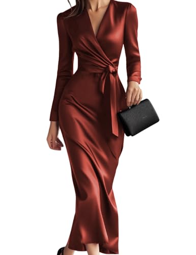 ZEEJINNG Women Long Sleeve V Neck Tie Waist Satin Elegant Formal Cocktail Wedding Guest Bodycon Midi Dress Burgundy Large