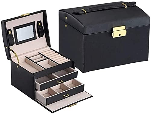 Pudełko na biżuterię, 3 Layer Jewelry Organizer Box With Lock Mirror PU Leather Jewelry Storage Case Multicolor(Black)