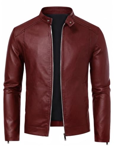 Zbrandy Mens Leather Jacket Faux Leather Motorcycle Jackets Stand Collar Biker Coat Outwear Wine Red L