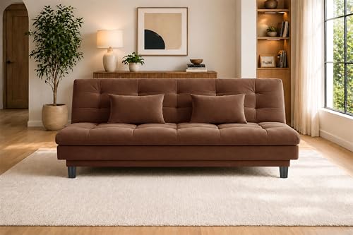 Image of 3-Seater Velvet Sofa Cum Bed, Tufted Convertible Sleeper Couch, Space-Saving Design, Comfortable Cushioned Seating - Brown