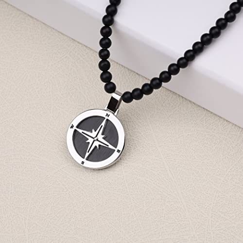 Gavu Matte Onyx Black Men's Beaded Crystal Compass Necklace 20" #TOP2
