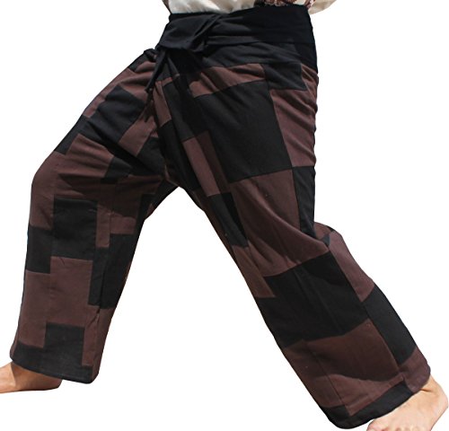 RaanPahMuang Brand Muang Patch Black Waist Fisherman Wrap Pants, Medium, Black&Brown