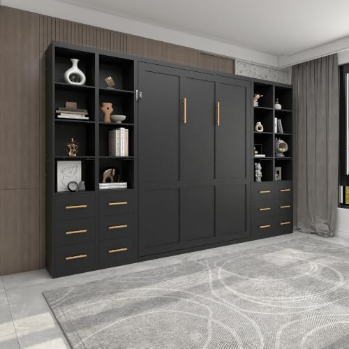 Image of KEIKI Queen Size Vertical Cabinet Murphy Bed with 4 Side Cabinet, Black | Multifunctional Foldable Hideaway Wall Metal Bed Frame, No Box Spring Needed, Easy Assembly, for Bedroom, Guest room