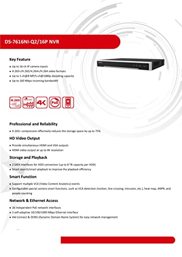Image of DS-7616NI-Q2 /16P H.265 16 Channel PoE 4K 8MP Network Video Recorder NVR, Plug & Play, International Original English Version, Hard Drive Not Included