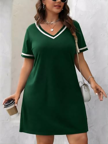 Image of Verdusa Women's Plus Size A Line T Shirt Dress Short Sleeve V Neck Tunic Dresses Casual Outfits