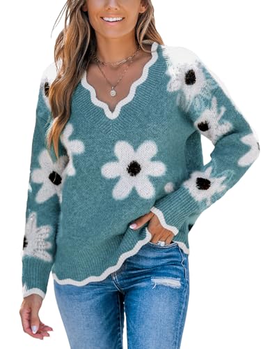 Image of CUPSHE Sweaters for Women Long Sleeve Pullover Knit Tops | Floral Scalloped V Neck Pullover Sweaters, Soft and Cozy Fabrics, Relaxed Fit, Fall Clothes, Winter Clothing, Cute Fashion