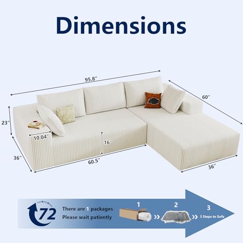 Image of 96 inch Modular Sectional Sofa, Modern Corduroy Cloud Couch with Deep Seat, Boneless Couch Upholstered 3-Seater L-Shaped Sofa for Living Room, No Assembly Required (White, Right-Facing Chaise)