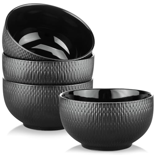 Yedio Black Ceramic Bowls Set of 4, 38 oz Porcelain Large Bowl for Kitchen, Cereal, Soup, Dessert, Rice, Snack, Fruits, Ice Cream, Noodle,Breakfast, Microwave Dishwasher Freezer Oven Safe