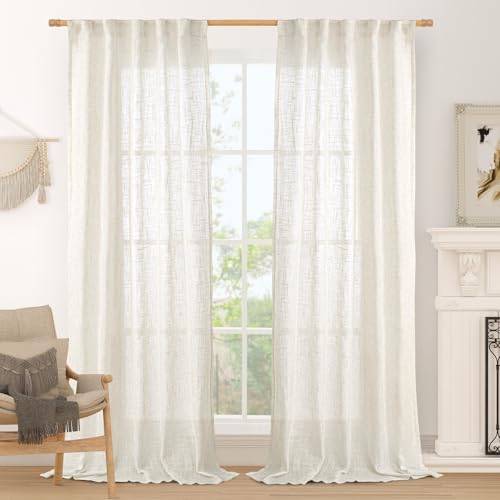 LAMIT Cream Linen Curtains for Living Room 84 inch Length 2 Panels, Light Filtering Semi Sheer Panels Back Tab and Rod Pocket Boho Drapes for Bedroom/Farmhouse, 42 x 84 Inch