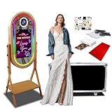 Oval Magic Mirror Photo Booth with Printer, 21.5 inch Touch Screen Imitation Wood Grain Portable DSLR Selfie Mirror Photobooth Machine, for Event Rental Wedding Party (Photo Booth with Printer)