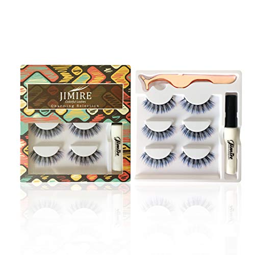 JIMIRE Color False Eyelashes Set Pink Blue and Black Gradient False Lashes Pack with Glue and Tweezers