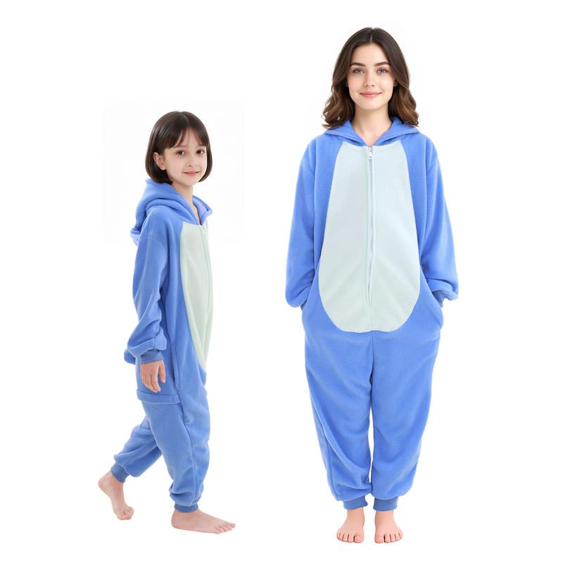 Pyjama Une pièce Bleu à Motif Dessin, Pyjama Doux en Polaire avec Capuche, grenouillère Amusante et Confortable