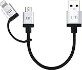 Just Mobile AluCable Duo Mini Short Utility Cable with 2.4A High Speed Aluminum Lightning Connector for iPhones, iPads, and iPods, Black/Silver (DC-159)