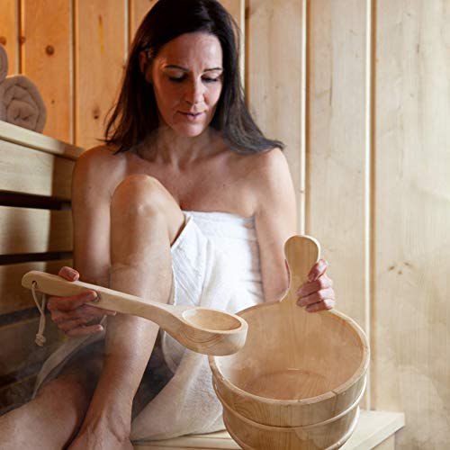 CozyNature Saunakelle aus hochwertigem finnischen Kiefern-Holz | Aufgusskelle, Schöpfkelle | Sauna Zubehör | 100% handgefertigt aus nachhaltigem Holz | Naturbraun | inkl. Gratis Sauna E-Book