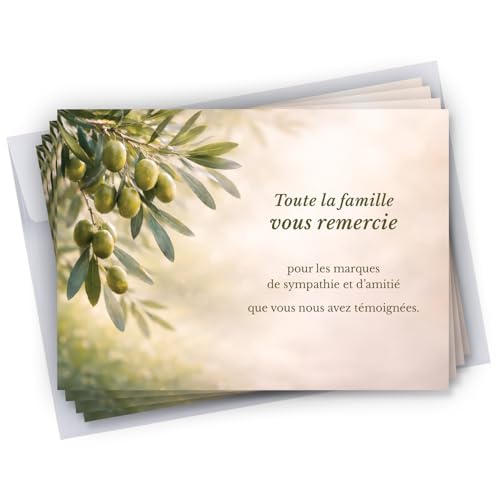 Cartes de remerciements décès motif olivier avec enveloppes lot de 25 format 10x15 cm