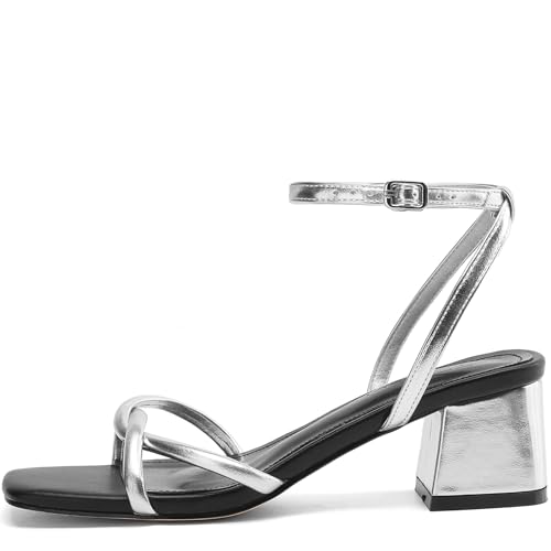Image of TEAIEUI Chunky Heels for Women, Square Open Toe Heeled Sandals, Strappy Ankle Strap Shoes for Dress, Party, Prom, Block Low Heel 2 inch