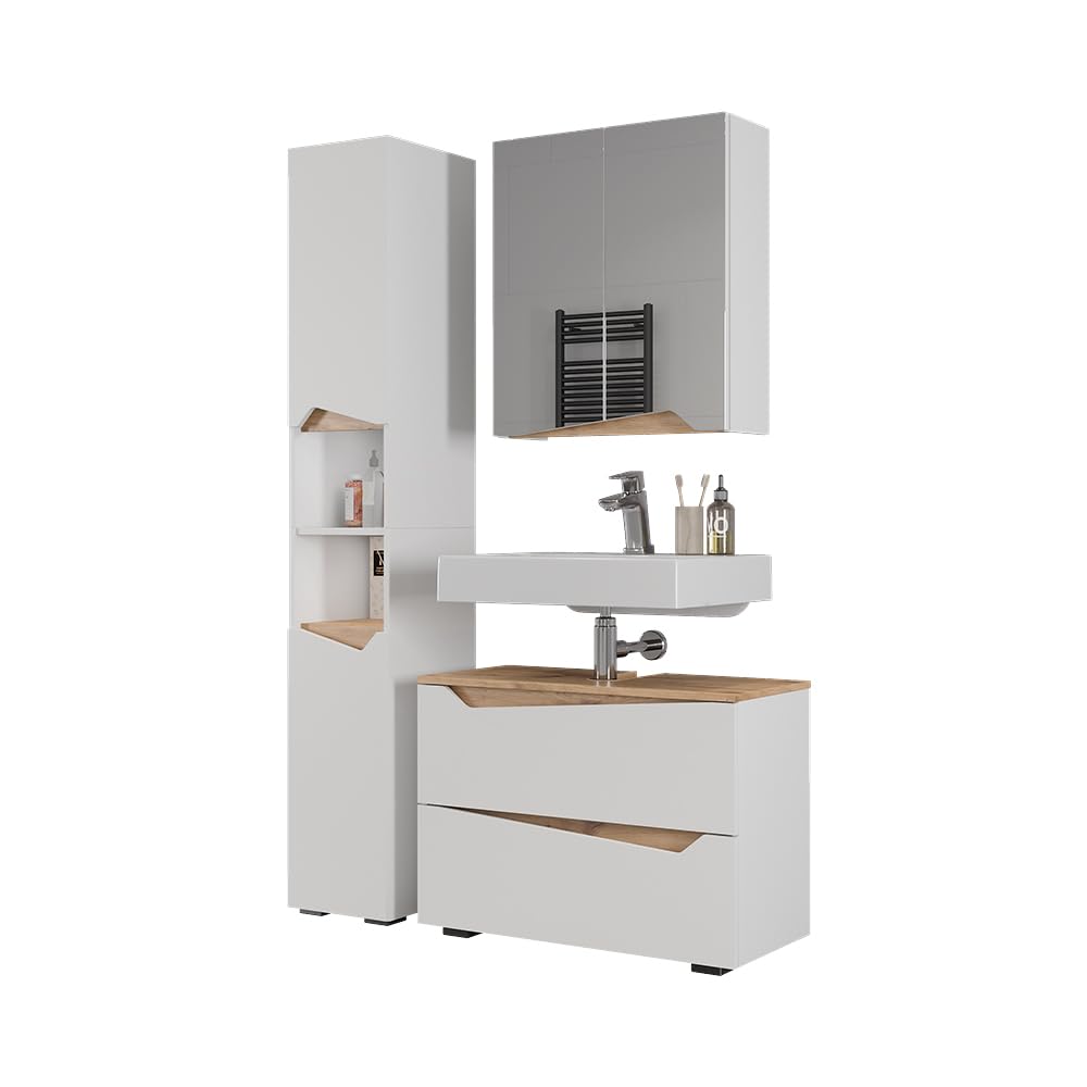 Vicco Badmöbel-Set Marelle, Weiß, 80 cm, besteht aus Waschbeckenunterschrank, Spiegelschrank und Hochschrank