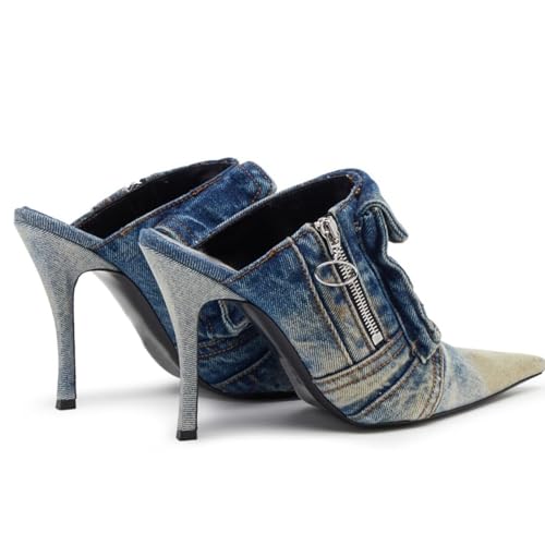 Denim Heeled Mules for Women Pointed Toe Slingback Pumps Slip-on Stiletto High Heel Jeans Mules Slides Fashion Casual Backless Dress Shoes3