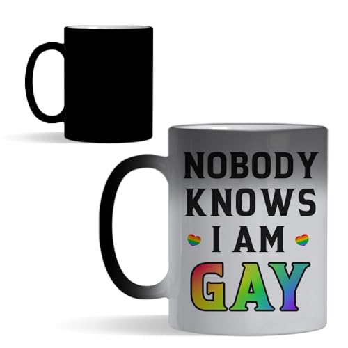 Nobody Knows I'm Gay Mug – LGBTQ Community, Gay Pride, Homosexual, Non-Binary, Transgender, Rainbow 11 oz Colour Changing Ceramic Magic Mug