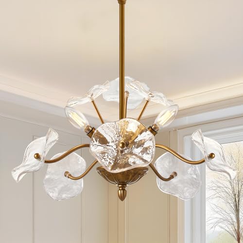 Luvkczc Modern Gold Chandelier Vintage Brass Flower Glass Pendant Light Fixture Mid Century Ceiling Light Fixture for Dining Room Kitchen Living Room Bedroom Hallway Porch 3 Lights