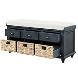 SOFTSEA Wood Storage Bench with 3 Drawers, 3 Rattan Baskets and Removable Cushion Rattan Bench for Entryway Hallway, Fully Assemble(Antique Navy)