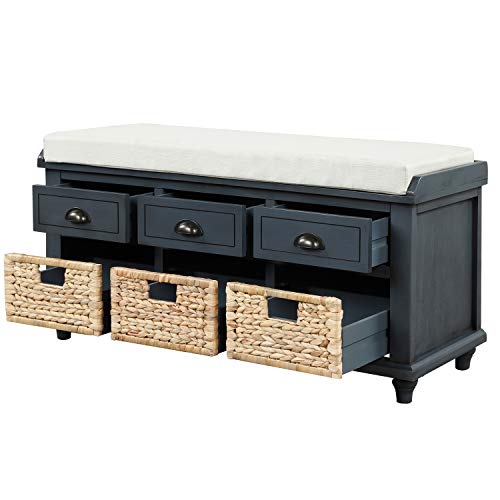 SOFTSEA Wood Storage Bench with 3 Drawers, 3 Rattan Baskets