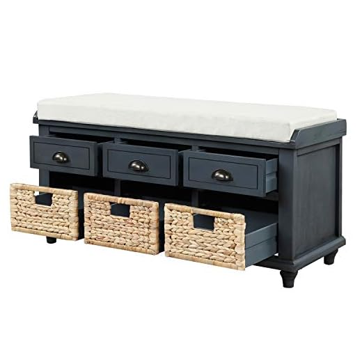 SOFTSEA Organizer Storage Bench Entryway Bench with 3 Drawers, 3 Rattan Baskets and Removable Cushion for Entryway, Hallway, Living Room, Home Collection Fully Assemble Storage Bench(Antique Navy)