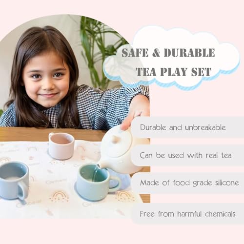 Ginbear Silicone Real Tea Party Play Set with Washable Cloth Napkin for Toddlers & Kids 1-3, Non-Toxic Unbreakable Baby Kitchen Toys for Children 12 Months+ (Beige, Blue, Green, Rosy) - Image 3
