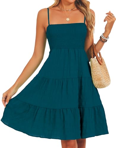 RANPHEE Womens Casual Summer Spaghetti Strap Smocked A Line Beach Vacation Sun Dress Above The Knee