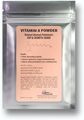 Vitamin A Powder Retinyl Palmitate, Pure Retinol Powdered Vitamin Water Soluble Vitamin A USP & Cosmetic Grade (2 oz. / 56 Grams)