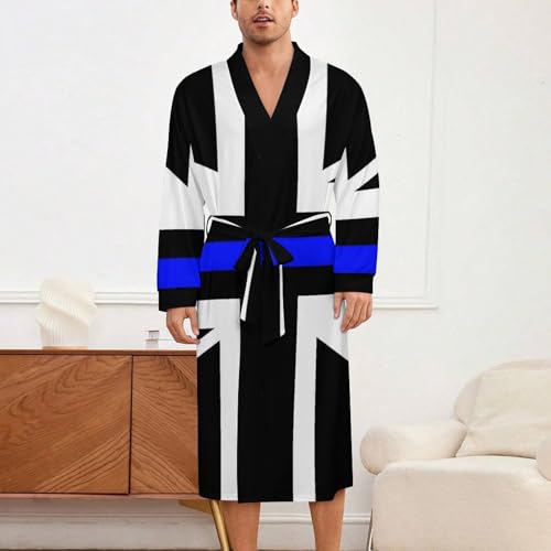 Thin Blue Line United Kingdom Flag Soft Robe Long Sleeve Bathrobes V Neck Sleepwear Spa Robes with Belt Men Woman2