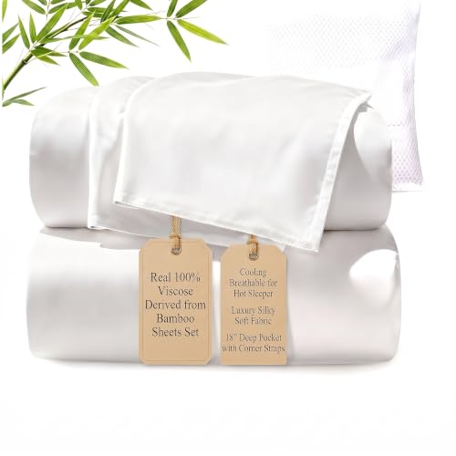 Image of TWK Real 100% Viscose Derived from Bamboo Sheets Set King Size, Cooling & Silky Soft for Hot Sleeper, Breathable & Moisture Wicking Fabric, 18 inch Deep Pocket with Corner Straps (Natural White, King)