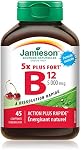 Jamieson Vitamine B12 5,000 mcg Dissolve rapide Comprimés sublinguals Avoeur de cerise naturelle, méthylcobalamine, soutient la production d'énergie et le métabolisme. Végétarien. Sans gluten, sans colorants artificiels, arômes, ou conservateurs, 45 Compte, fièrement canadien