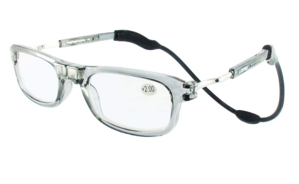 Loopies Occhiali da lettura magnetici, unisex, regolabili, pieghevoli, con attacco frontale, resistenti ai raggi UVA, antigraffio, custodia e panno, Grigio