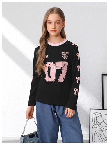 Image of SweatyRocks Girl's Bow Graphic Shirts Long Sleeve Crew Neck Tops Casual Cute Tee Tween Clothes