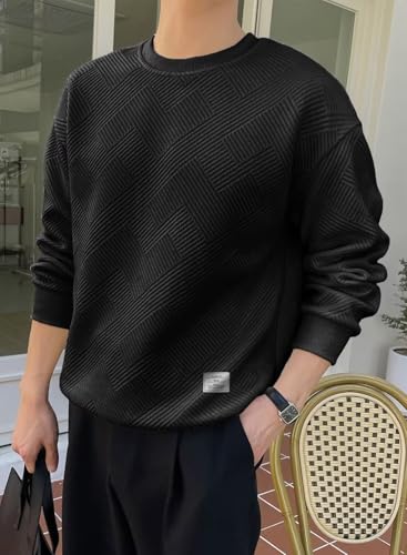 Dokotoo Men MOAM253785-2-M Mens Solid Color Crewneck Sweatshirt Lightweight Geometric Texture Long Sleeve Casual Pullover Sweatshirts Black Medium thumb #1