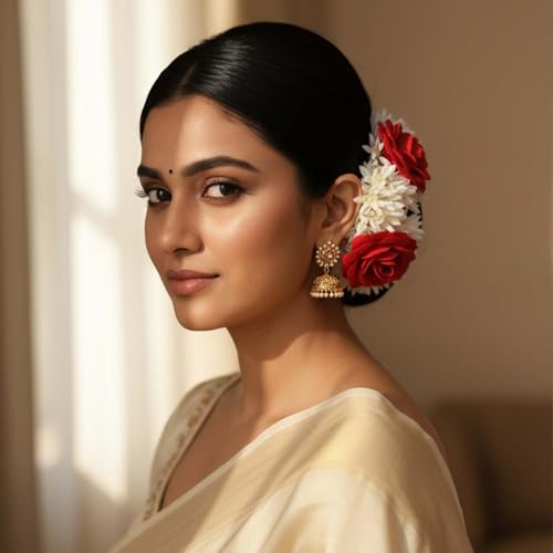 Image of Alvero Handcrafted Artificial Flower Gajra for Women & Girls, Festive Wedding Red Rose & White Jasmine Hair Gajra for Bun, Handmade Scented Floral Juda - 8 x 8 x 3.5cm (Pack of 2Pc)