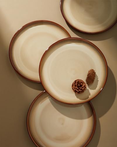 Image of Pokini Stoneware Dinnerware Sets, Ceramic Plates and Bowls Set, Microwave & Dishwasher Safe Kitchen Dish Set, Modern Dinner Salad Plates | Cereal Bowls for 4, Dishware Sets Brown Yellow