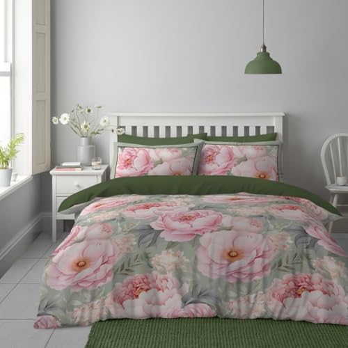Lions Green Floral Bedding Set - Microfibre Soft Printed Double Bed Duvet Cover with Matching Pillowcase - 100% Polyester Reversible Flowers Print Quilt Covers, 200x200cm