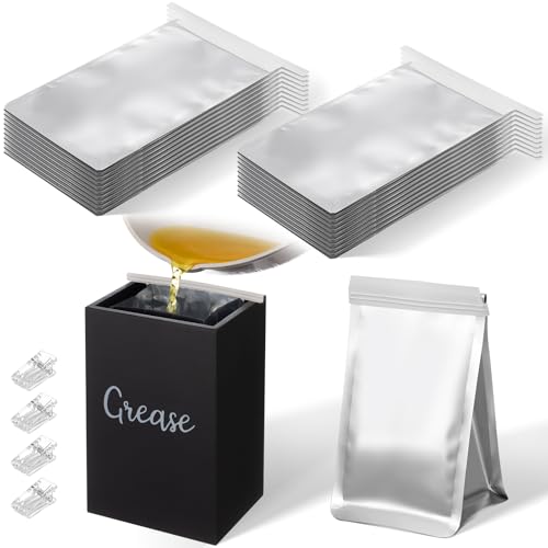 Hushee 35 Set Grease Disposal Container for Kitchen with 30 Foil Liners Disposable Grease Bags Bulk Wooden Storage Bin 4 Clip Bacon Cooking Oil Container Help Stop Kitchen Drains from Getting Clogged