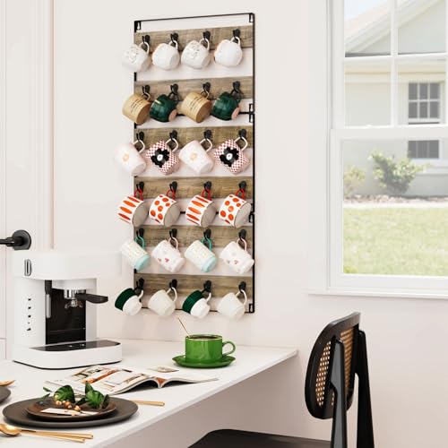 IBUYKE Wall-Mounted Mug Rack Set of 3, 24-Hook Large Coffee Display Organizer for Kitchen, Home, Bar, Coffee Station - Rustic Wood, Greige TBJ005Y-3 by IBUYKE - Image 3