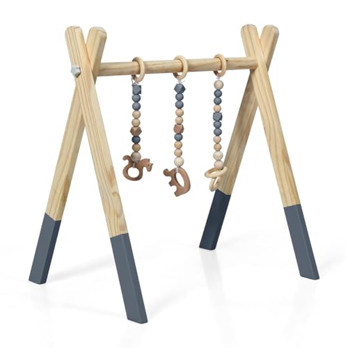 LIFEZEAL Spieltrapez, Spielbogen Baby Holz, Babyspielgerät mit 3 Spielzeugen,...
