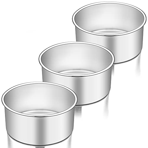 Image of TeamFar 6 Inch Cake Pan Set of 3, 6 inch x 3 inch Round Cake Pan Deep Tier Baking Tins Stainless Steel, For Birthday Wedding Party, Healthy & Toxic Free, Deep & Straight Size, Oven & Dishwasher Safe