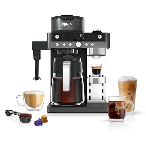 Ninja Prestige 2-in-1 Filterkaffee- und Kapselmaschine mit integriertem Milchaufschäumer, für Latte, Eiskaffee und Flat White, Grau-Metall CFN802EUGM