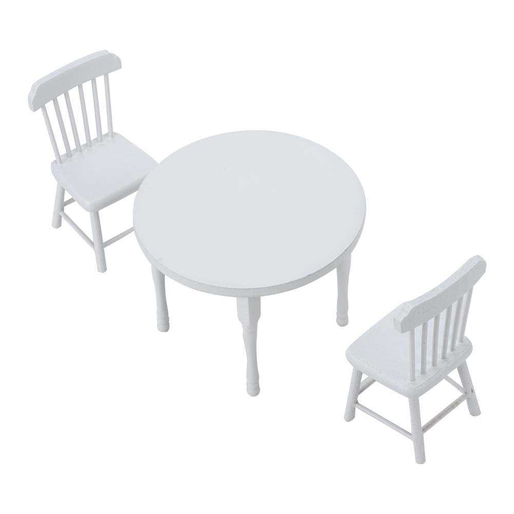 1:12 Miniature Wooden White Dining Table and Two Chairs Mini Doll House Accessories Delicate Dollhouse Miniature Furniture Model(3pcs/Set of Table Chair)