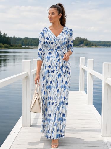 Image of Women's V Neck Floral Maxi Dress 3 /4 Sleeve Plus Size Boho Wrap Flowy Long Dresses with Belt