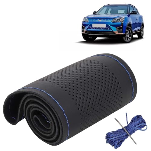 Image of KINGSWAY PU Leatherite Car Steering Cover Sewable Compatible with Mahindra XUV 400 (Year 2023 Onwards), Black Color with Blue Thread, Pack of 1 with Sewing Needle and Thread