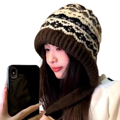 SHINROAD Gorro con correa ajustable, estampado geométrico, punto de lana al aire libre con protección de orejas y cuello, cálido gorro de invierno para hombres y mujeres, clima frío acogedor marrón